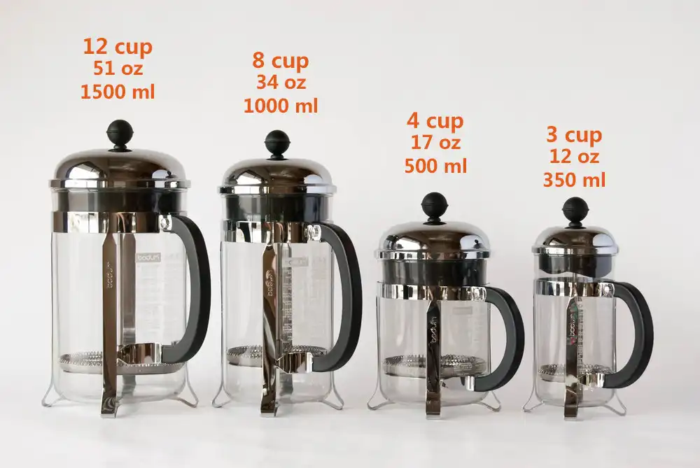 4 French press with their sizes and capacity (in Customary units and Metric units)