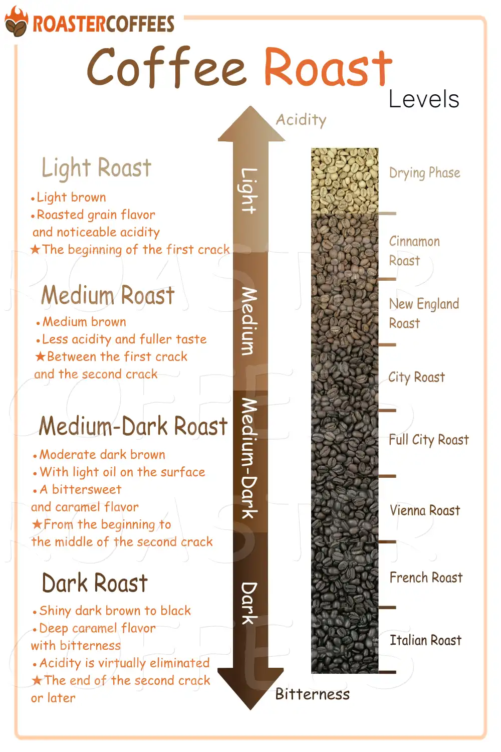 A coffee roast level chart, including the roasting stages and the levels