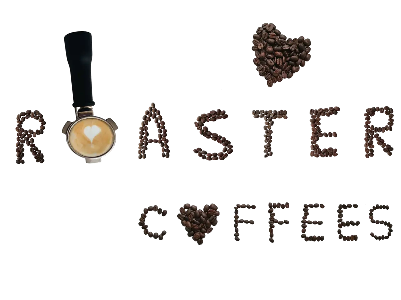 Some coffee beans are put together into 'ROASTERCOFFEES' and a heart shape
